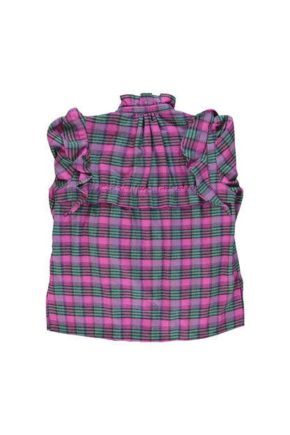Produktbild hinten: Sisters Department Bluse Fuchsia Grün kariert mit Volantkragen und Rüschen