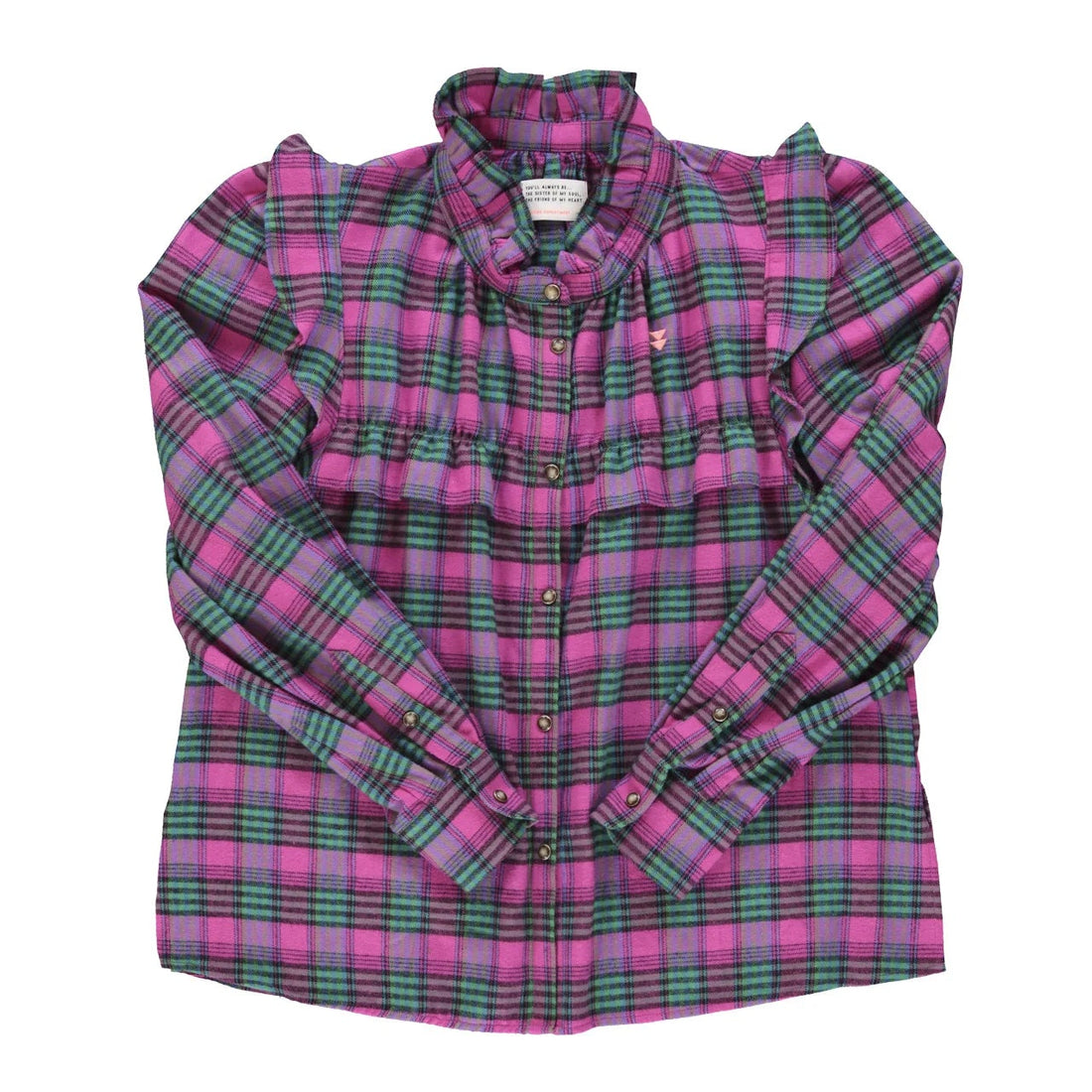 Produktbild vorne: Sisters Department Bluse Fuchsia Grün kariert mit Volantkragen und Rüschen