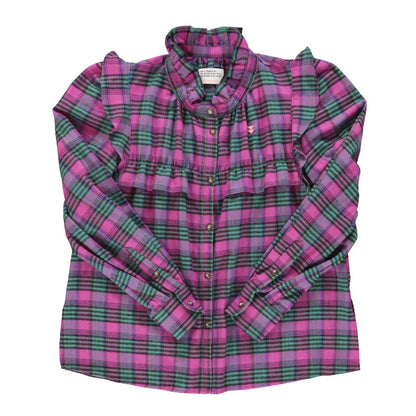 Produktbild vorne: Sisters Department Bluse Fuchsia Grün kariert mit Volantkragen und Rüschen