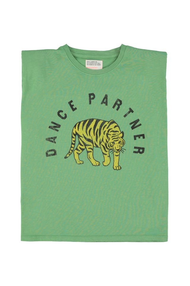 Sisters Department Sleeveless T-Shirt mit Schulterpolstern und Leopard-Print in Grün aus 100% Bio-Baumwolle