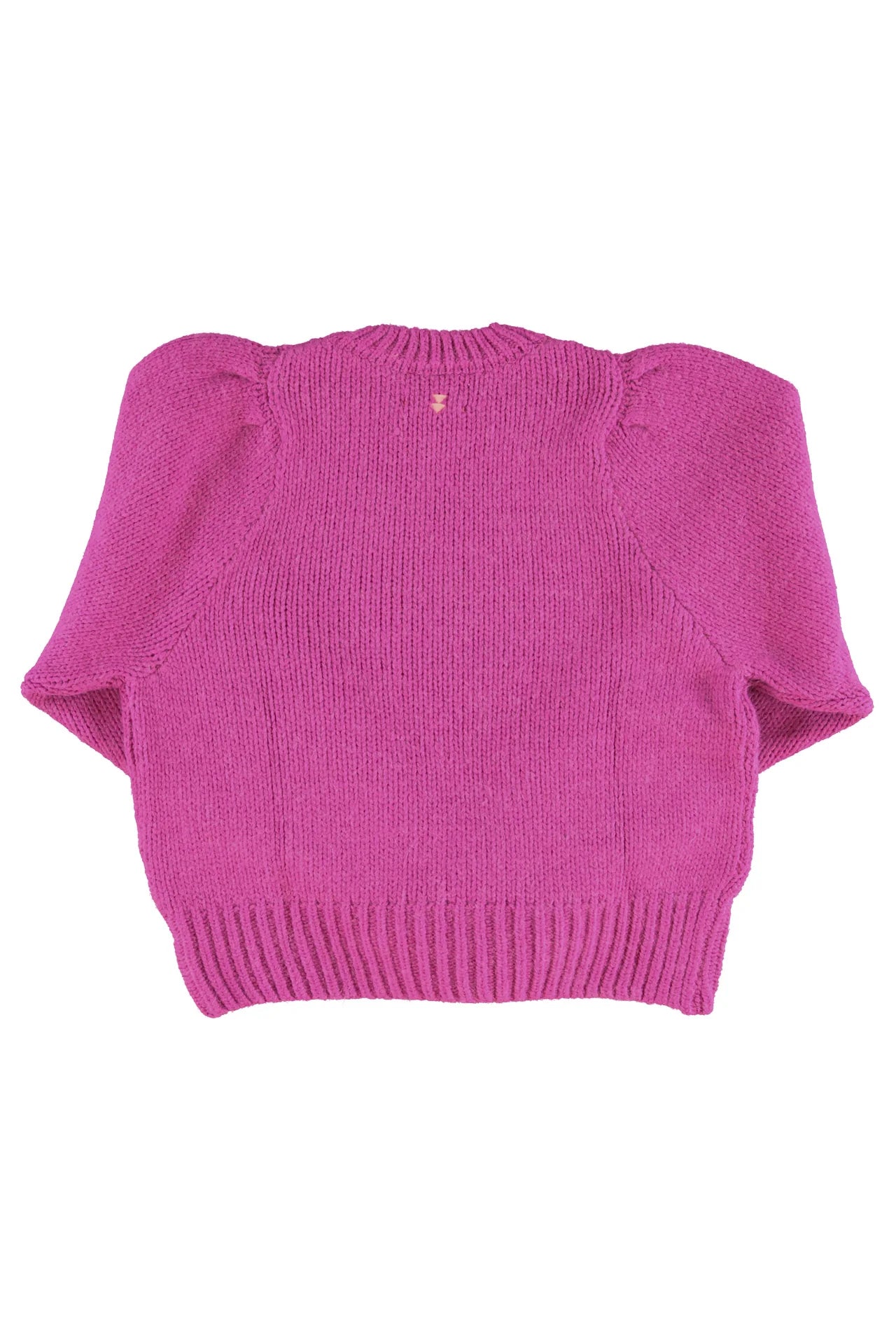 Rückansicht des Strickpullovers Soft Knit Fuchsia von Sisters Department mit kleinem Logo-Print