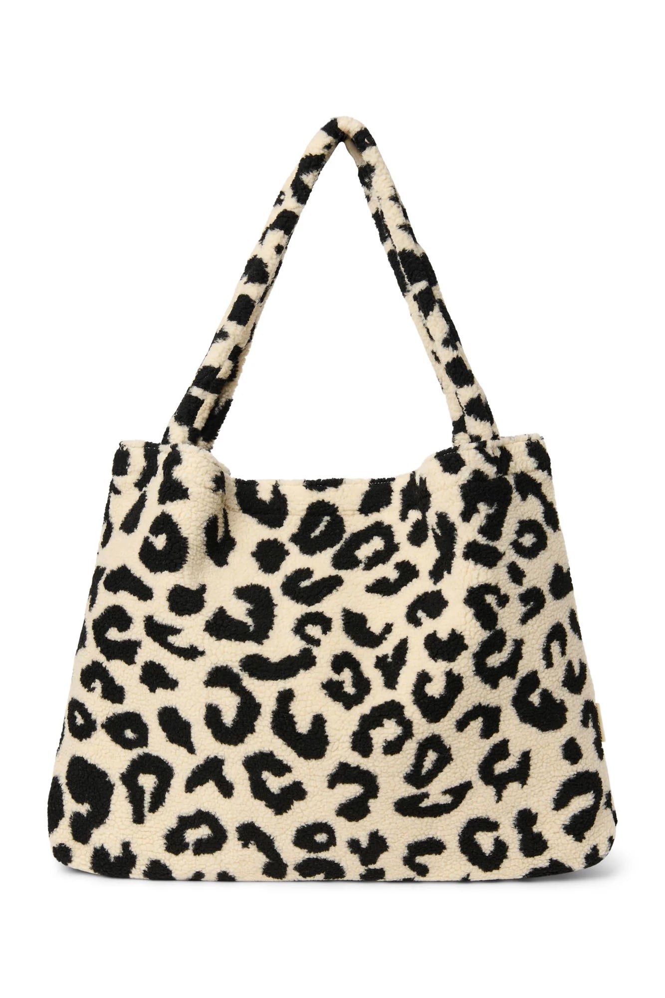 Studio Noos "Holy Cow Teddy Mom Bag". Henkeltasche aus Teddyplüsch mit Kuhfleckenmuster