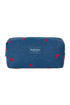 Vorderansicht: Pouch aus dunkelblauem Denim mit gestickten roten Herzen und Reißverschluss und Studio Noos Logo