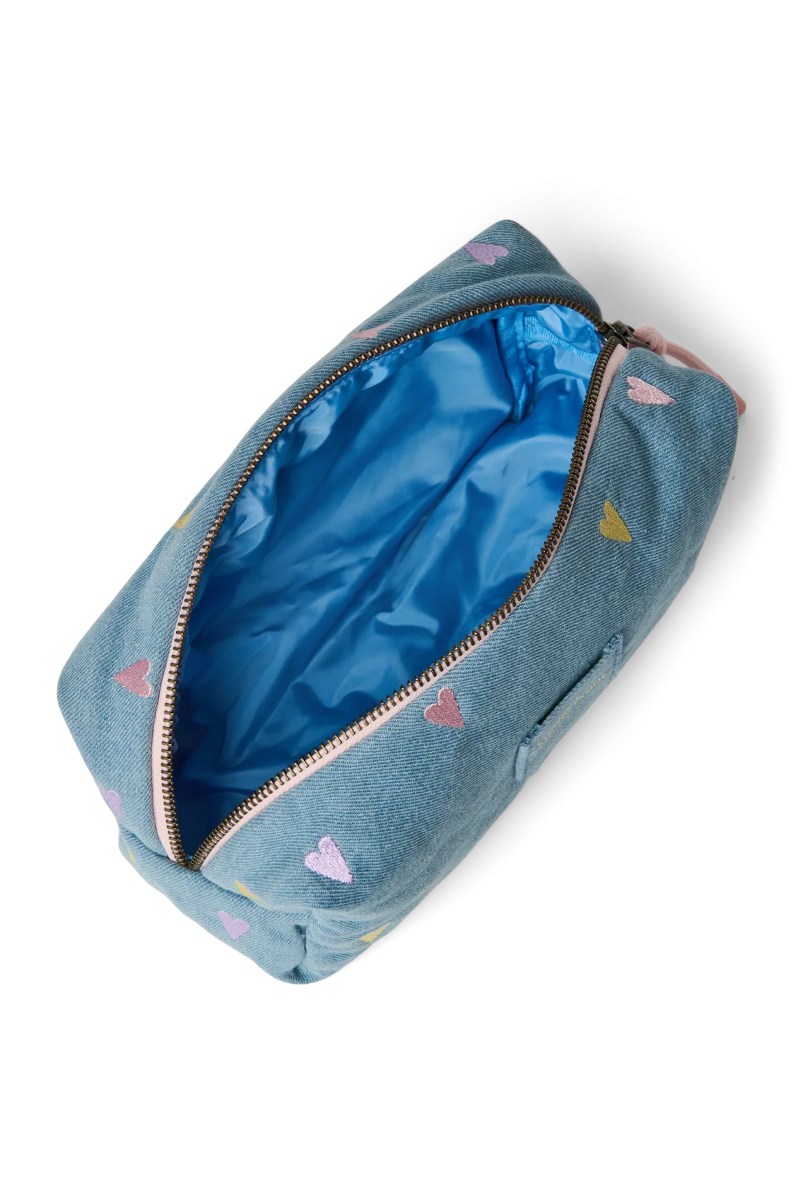 Innenansicht: Geöffnete Pouch mit Reißverschluss und blauem, glänzendem Innenfutter