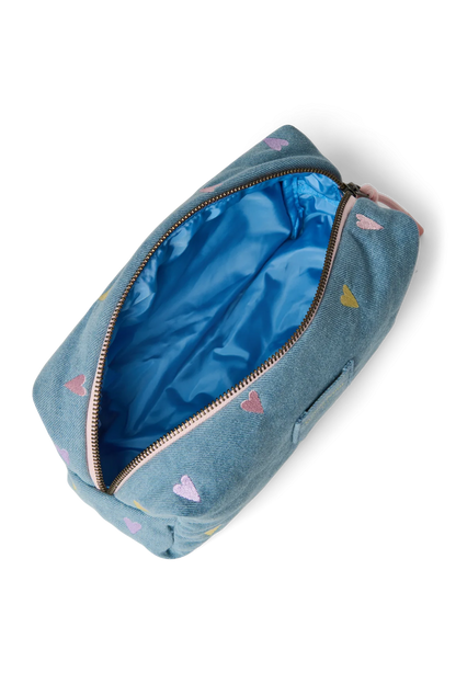 Innenansicht: Geöffnete Pouch mit Reißverschluss und blauem, glänzendem Innenfutter