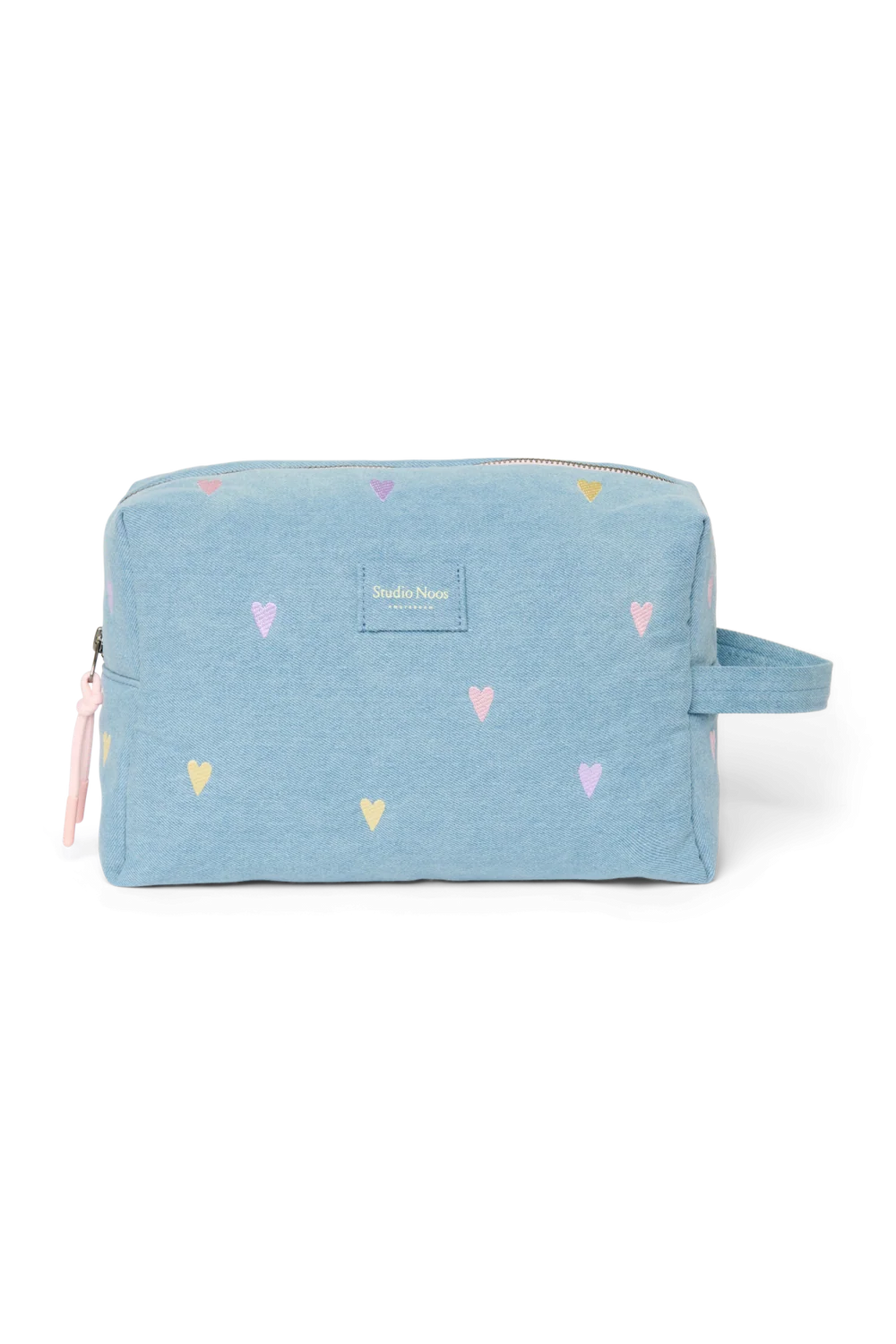 Denim Kosmetiktasche – Hellblau mit Pastell-Herzen