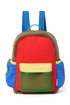 Vorderansicht: Studio Noos Patchwork Midi-Rucksack l Fiery Red in bunten Farben mit braunem Teddy-Stoff, roten Patchwork-Details und blau-grün-gelben Akzenten