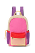 Vorderansicht: Studio Noos Patchwork Mini-Rucksack l Bright Pink mit Reissverschluss-Mesh-Tasche vorne und seitlichen Taschen. In bunten Farben mit beigem Teddy-Stoff, Patchwork-Details mit pink-rot-lila-beigen Akzenten. Lila Träger verstellbar und an der Rückseite ausschließlich beiger Teddystoff.