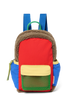 Vorderansicht: Studio Noos Patchwork Mini-Rucksack l Fiery Red in bunten Farben mit braunem Teddy-Stoff, roten Patchwork-Details und blau-grün-gelben Akzenten