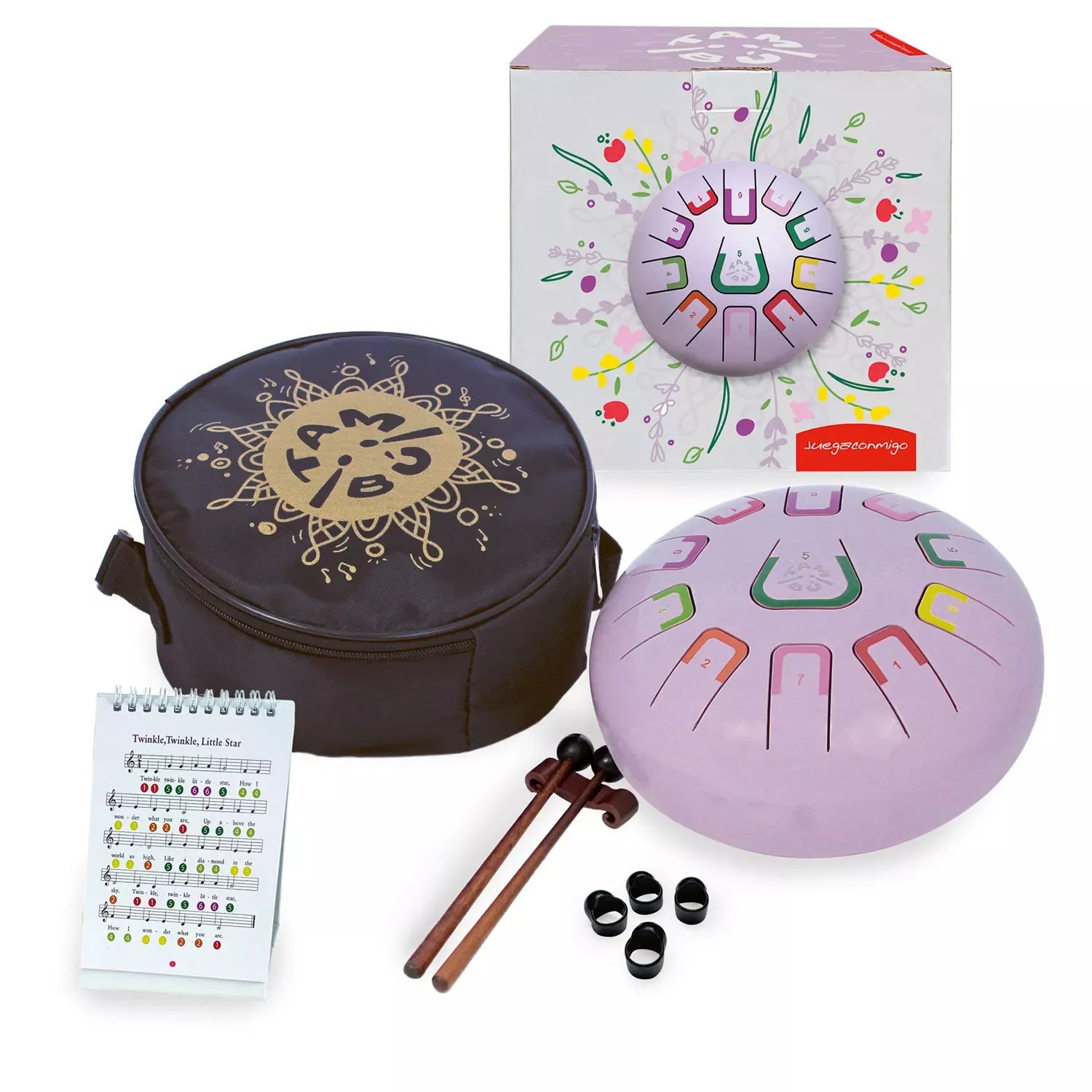 Die Zungentrommel von juegaconmigo mit Aufbewahrungstasche, Trommelstöcken, Trommelstockhalter, Fingerpicks und Notenbuch zum Aufstellen. 