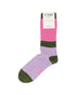 UNIO Hamburg Wollsocken CALM GLITZI in Flieder, Pink und Dunkelgrün mit Glitzerdetails, vollständige Ansicht mit Etikett.