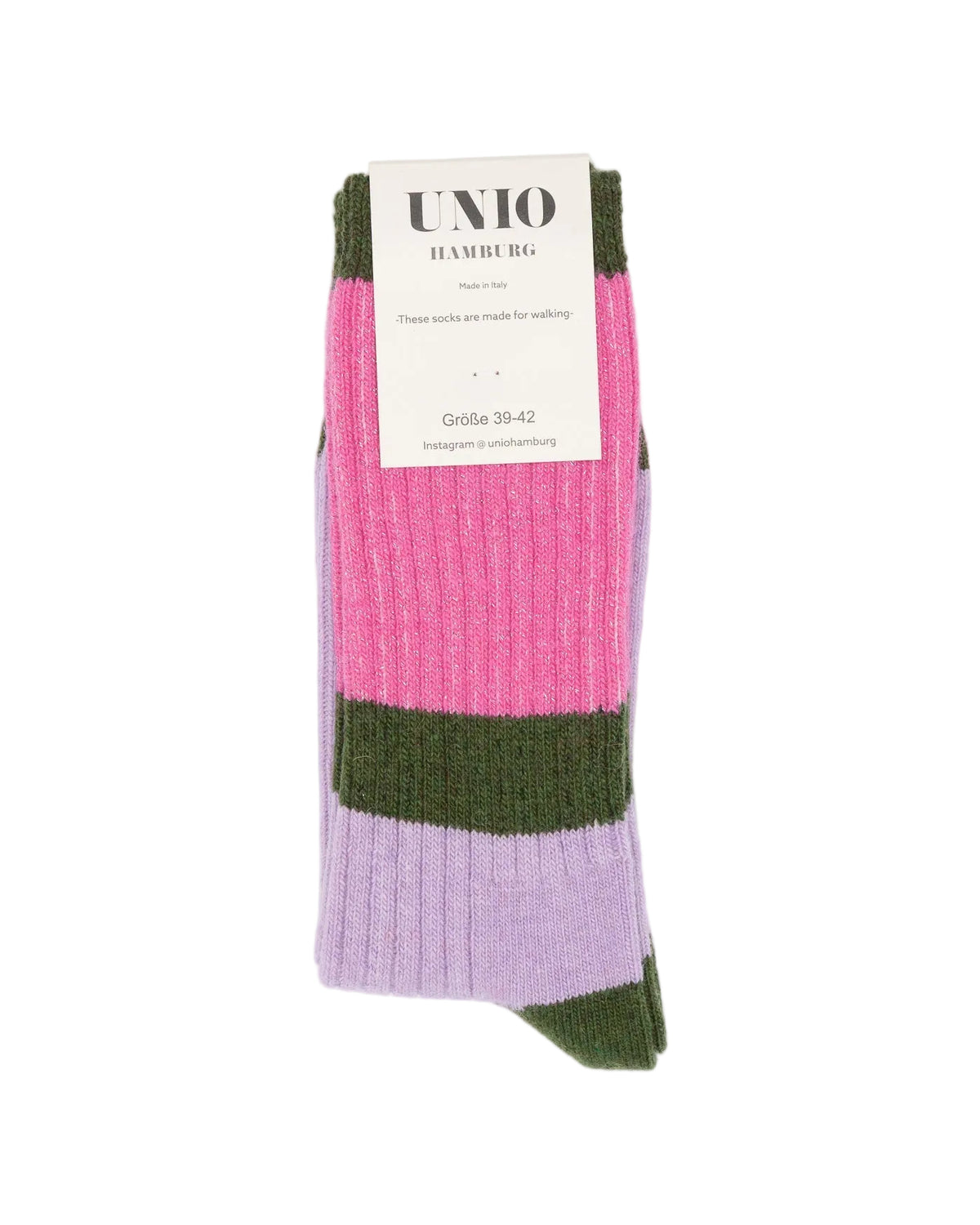 UNIO Hamburg CALM GLITZI Wollsocken in Pink, Flieder und Dunkelgrün, Detailansicht des gerippten Schafts mit Glitzereffekt.