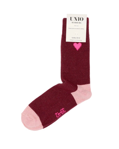AMORE KASCHMIR Wollsocke von UNIO Hamburg in Bordeaux mit rosa Spitze und Ferse, aus Merinowolle mit Kaschmiranteil