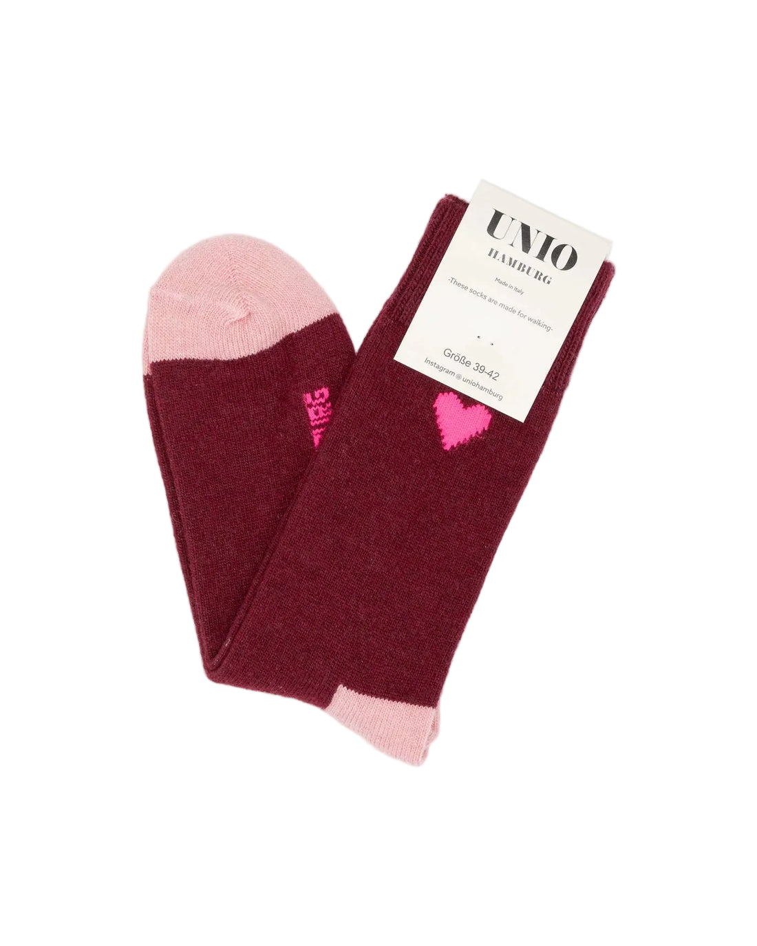 UNIO Hamburg AMORE KASCHMIR Damensocken in Bordeaux mit rosa Spitze, pinkem Herz und Kaschmiranteil