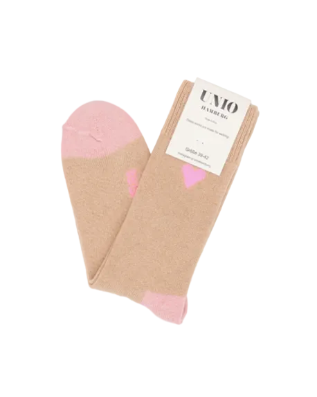 UNIO Hamburg AMORE KASCHMIR Damensocken in Beige mit rosa Spitze, pinkem Herz und Kaschmiranteil