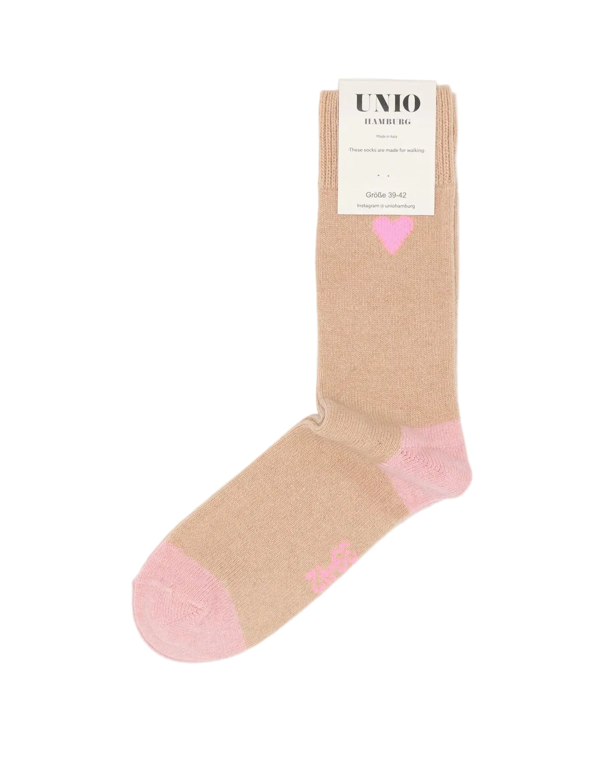 AMORE KASCHMIR Wollsocke von UNIO Hamburg in Beige mit rosa Spitze und Ferse, aus Merinowolle mit Kaschmiranteil