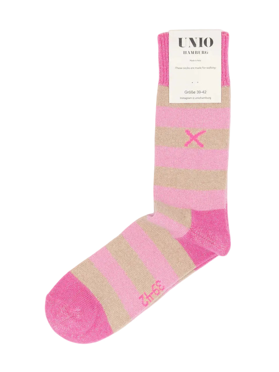 UNIO Hamburg COSY GLITZI Wollsocken mit beige-rosa Streifen, Glitzereffekt und pinken Akzenten
