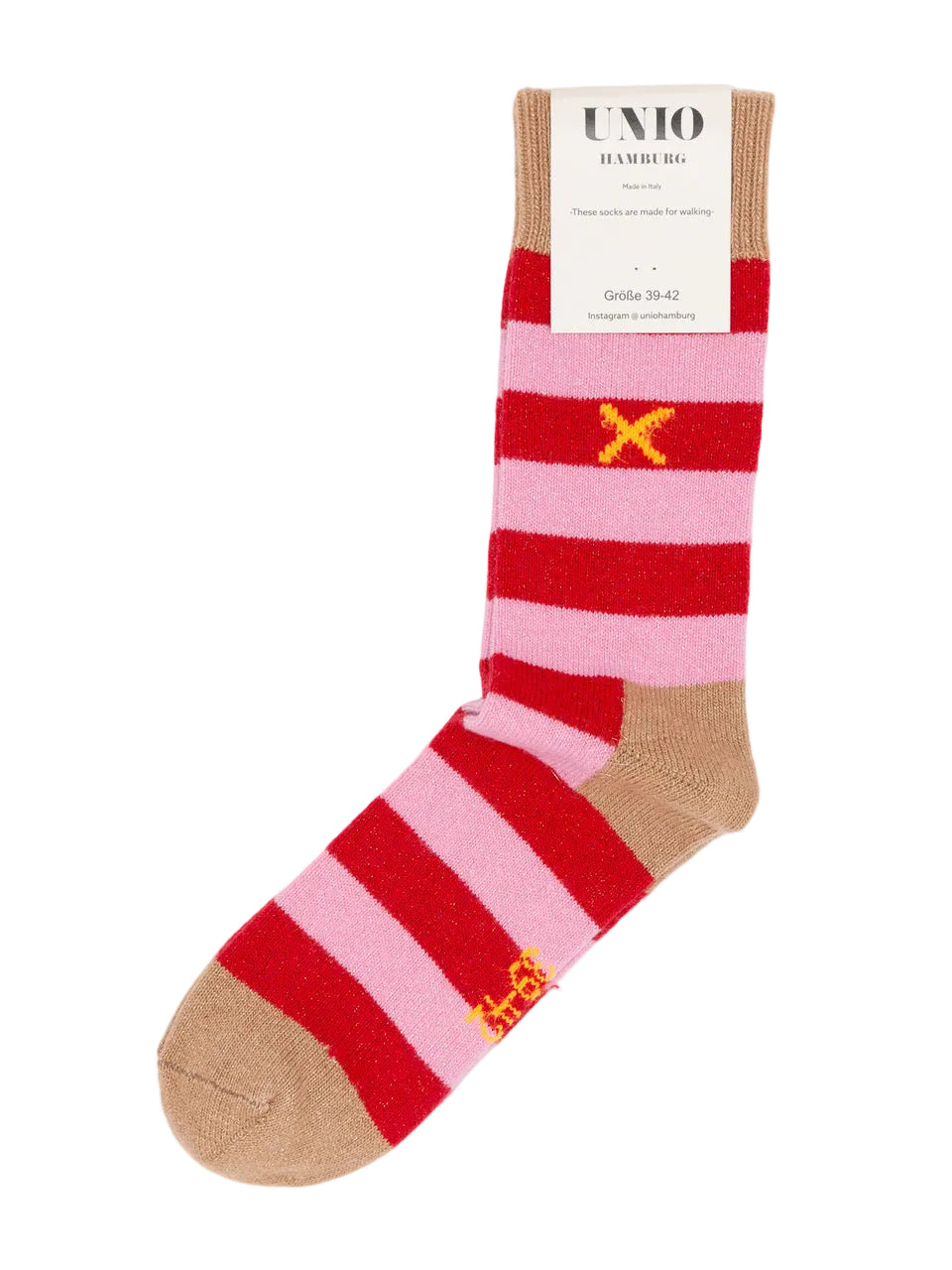 UNIO Hamburg COSY GLITZI Wollsocken mit rot-rosa Streifen, Glitzereffekt und beigefarbenen Akzenten
