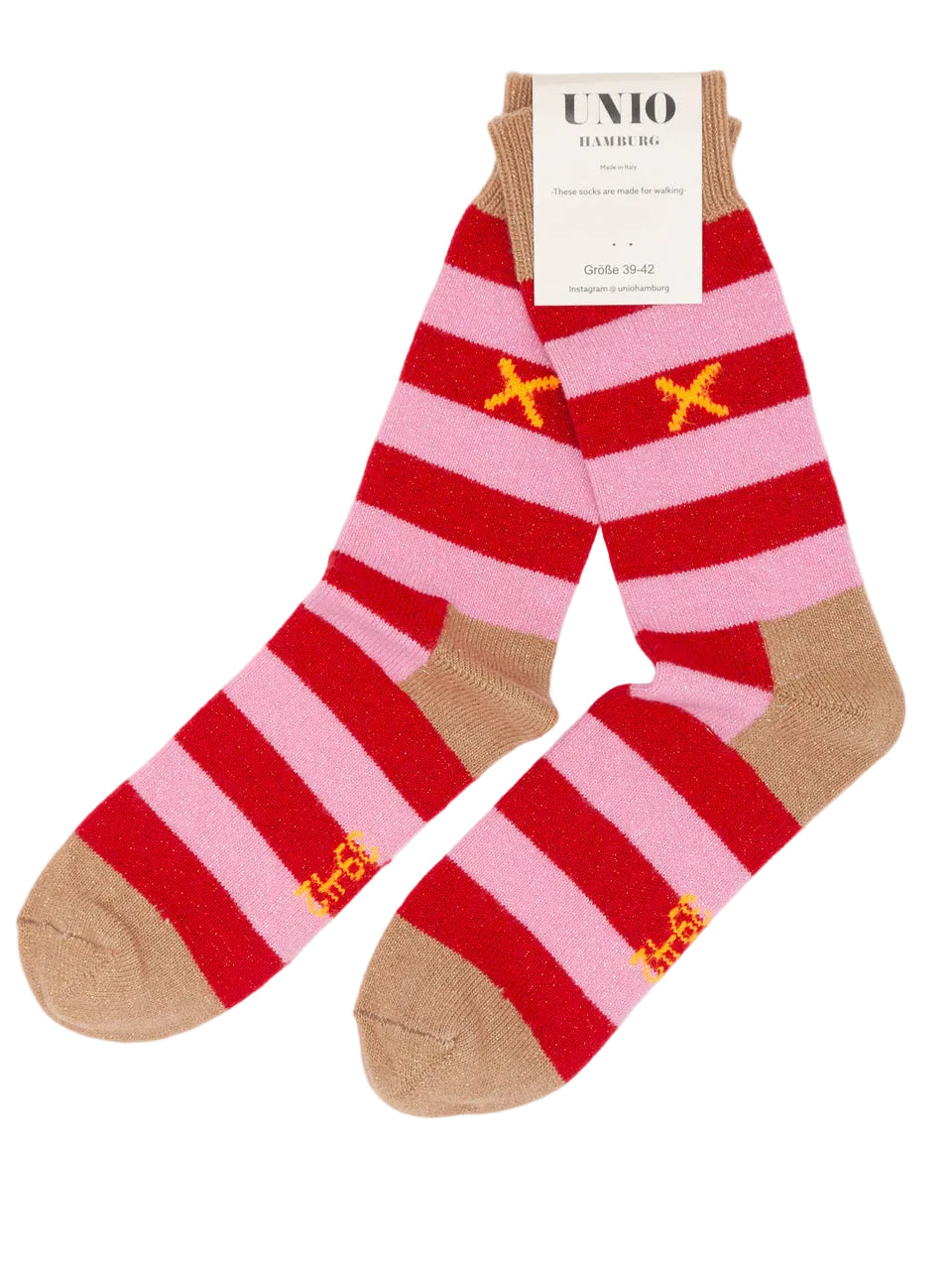 COSY GLITZI Wollsocke von UNIO Hamburg in Rot und Rosa mit Glitzer, Merinowolle und Kaschmiranteil