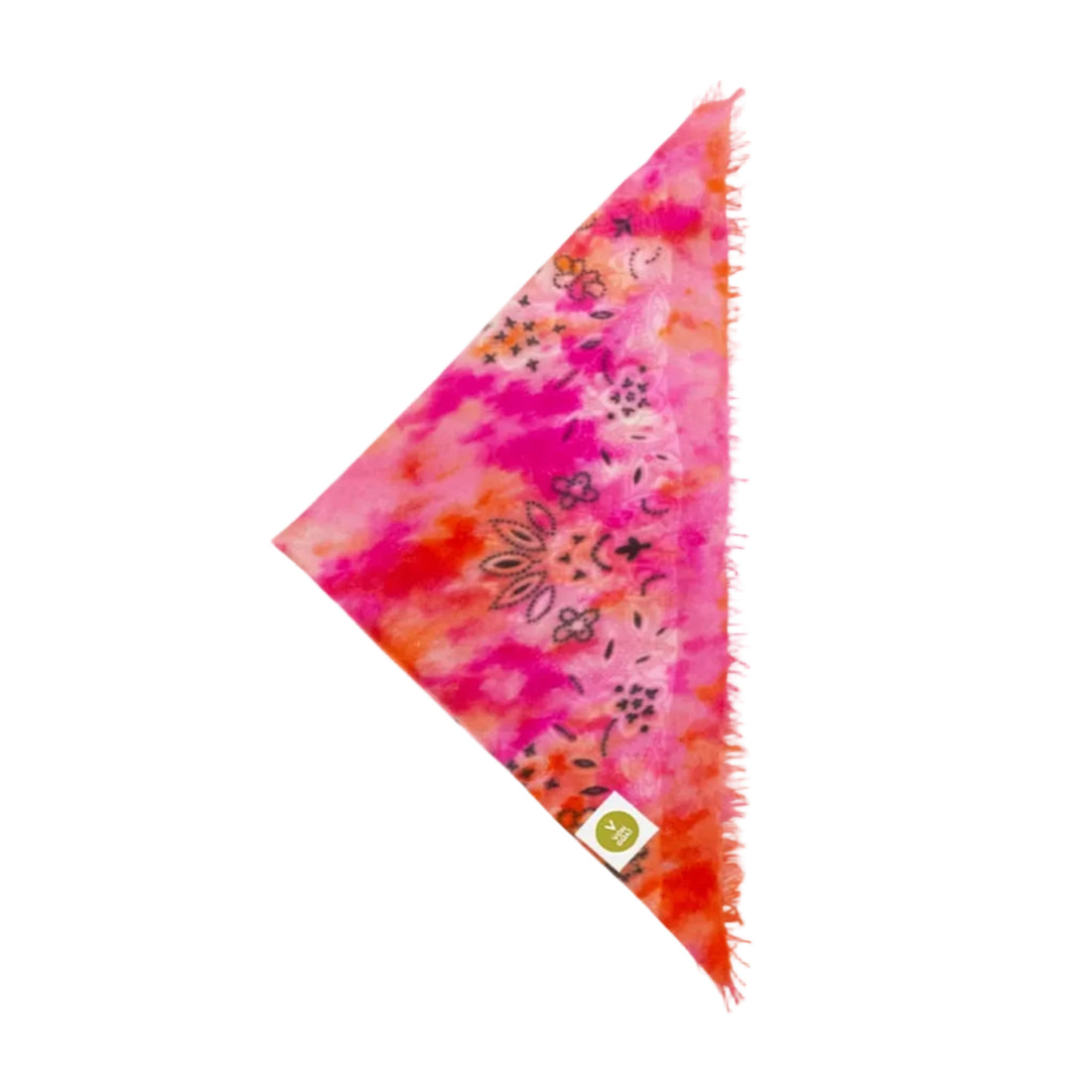 V VON GOAT Kaschmir-Bandana Paisley Ice Dye D als Dreieck gefaltet, in Pink und Orange mit buntem Paisleymuster im Batiklook und feinen Fransen.