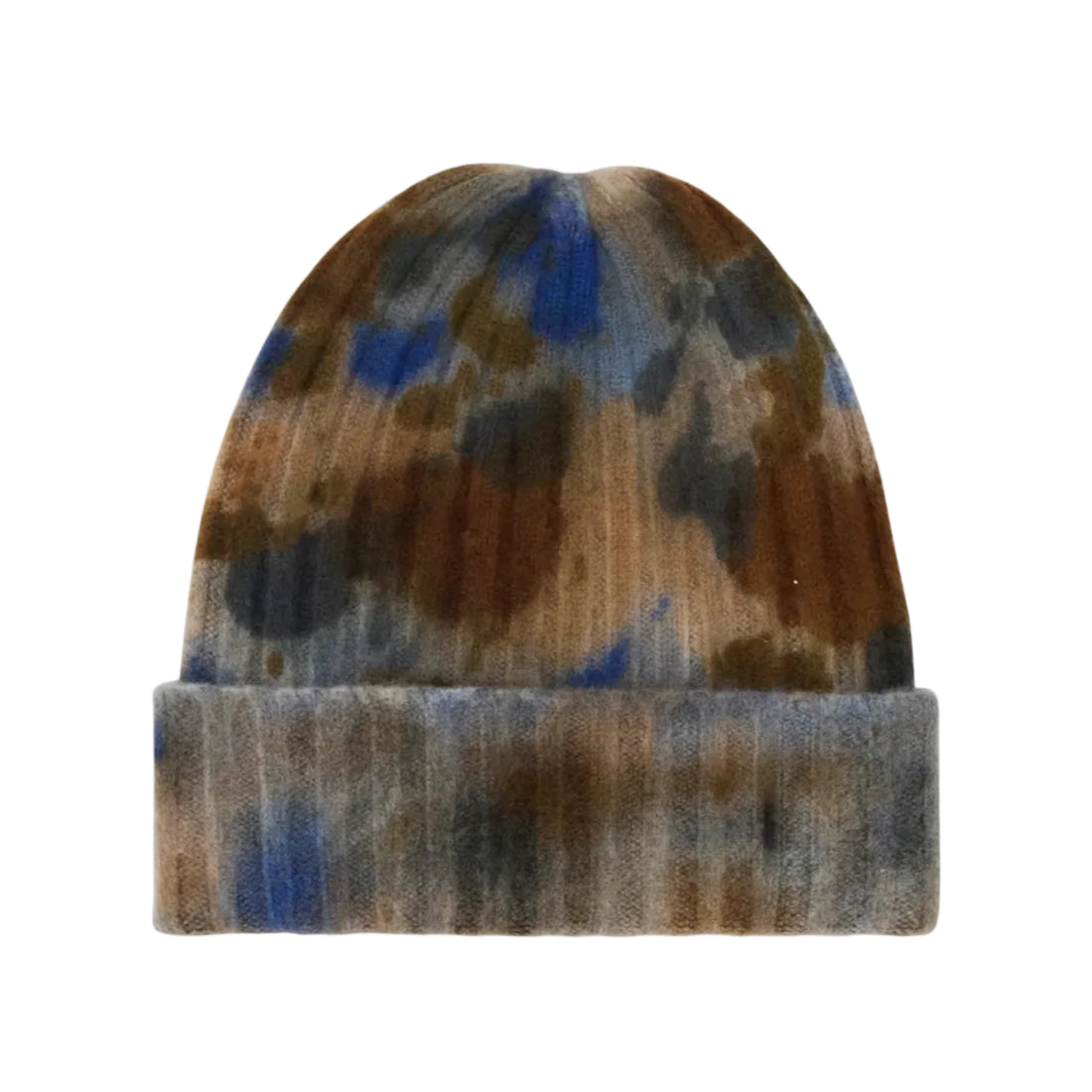 V VON GOAT Kaschmir-Beanie Ice Dye G in Braun, Grau und Blau mit lässigem Batikmuster und breitem Umschlag, aus 100 % Kaschmirwolle.