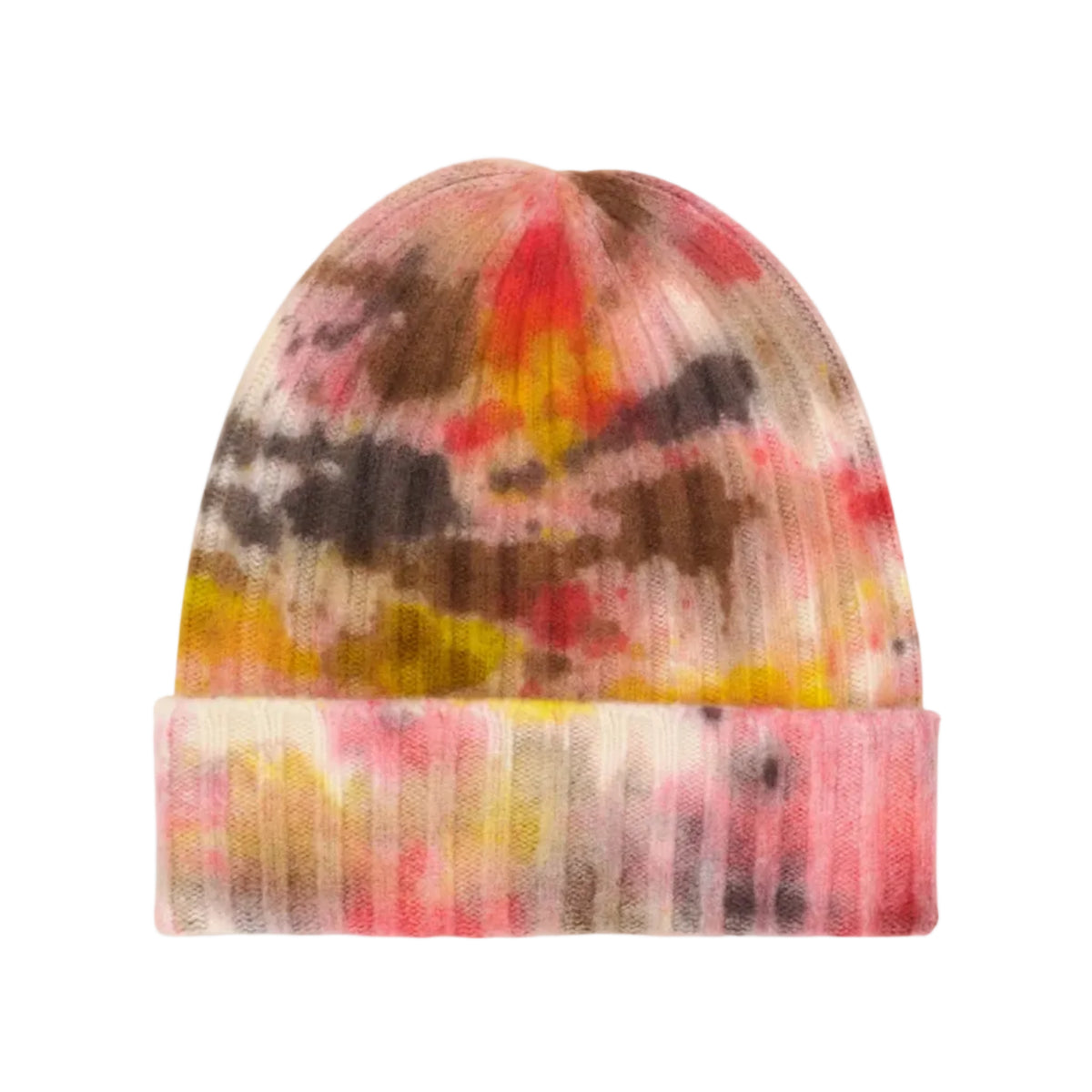 V VON GOAT Kaschmir-Beanie Ice Dye G in Pink, Gelb und Braun mit lässigem Batikmuster und breitem Umschlag, aus 100 % Kaschmirwolle.