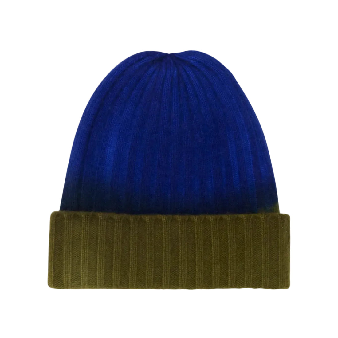 Kaschmirmütze Beanie Poon Hill/Surf von V VON GOAT aus 100 % Kaschmir in kräftigem Blau mit weichem Farbverlauf zu dunklem Olivgrün und breitem Umschlag.