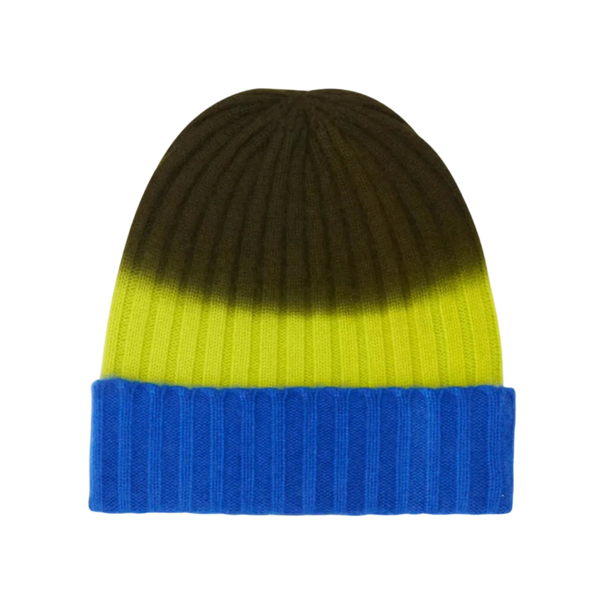 Kaschmirmütze Beanie Valley von V VON GOAT aus 100 % Kaschmir mit fließenden Farbübergängen in Blau, Limettengrün und Dunkelbraun und breitem Umschlag.