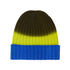 Kaschmirmütze Beanie Valley von V VON GOAT aus 100 % Kaschmir mit fließenden Farbübergängen in Blau, Limettengrün und Dunkelbraun und breitem Umschlag.