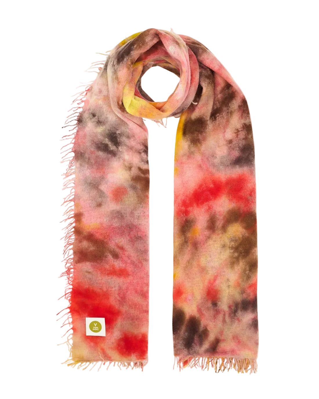 V VON GOAT Kaschmirschal Ice Dye K in Pink, Gelb und Braun mit lässigem Batikmuster und feinen Fransen, aus 100 % Kaschmirwolle.
