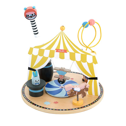 Vilac Early Learning Toy Circus aus Holz mit buntem Zirkusmotiv und verschiedenen Spielelementen
