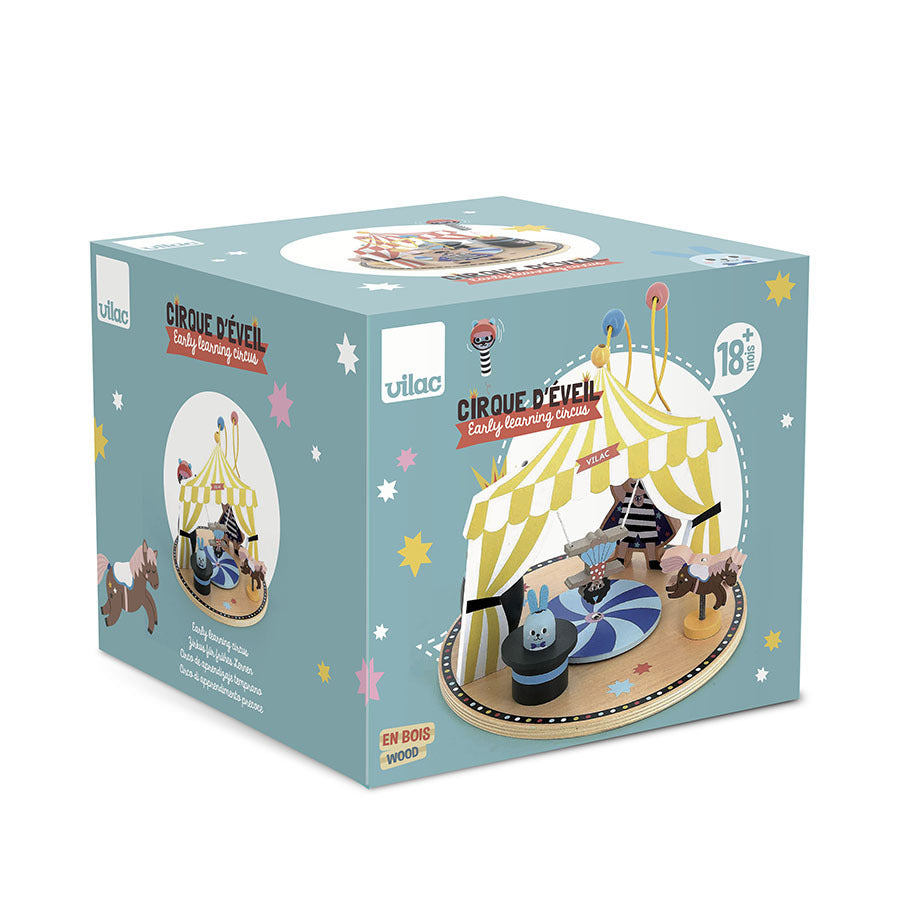 Vilac Early Learning Toy Circus aus Holz mit buntem Zirkusmotiv und verschiedenen Spielelementen