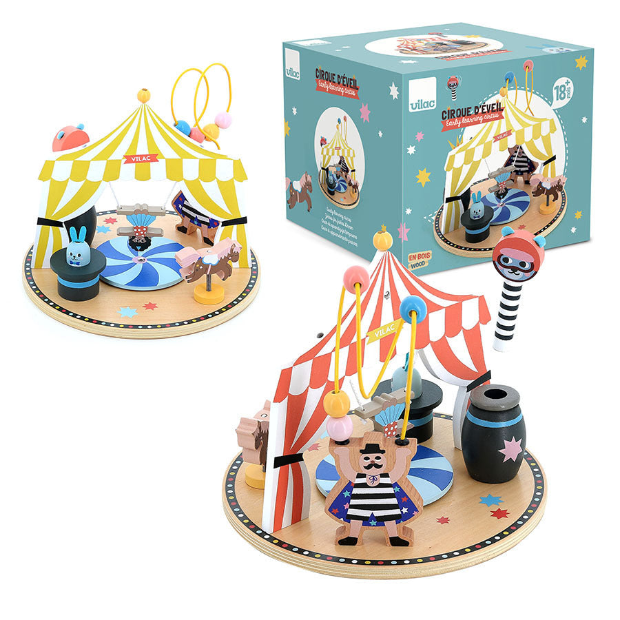 Vilac Early Learning Toy Circus aus Holz mit buntem Zirkusmotiv und verschiedenen Spielelementen