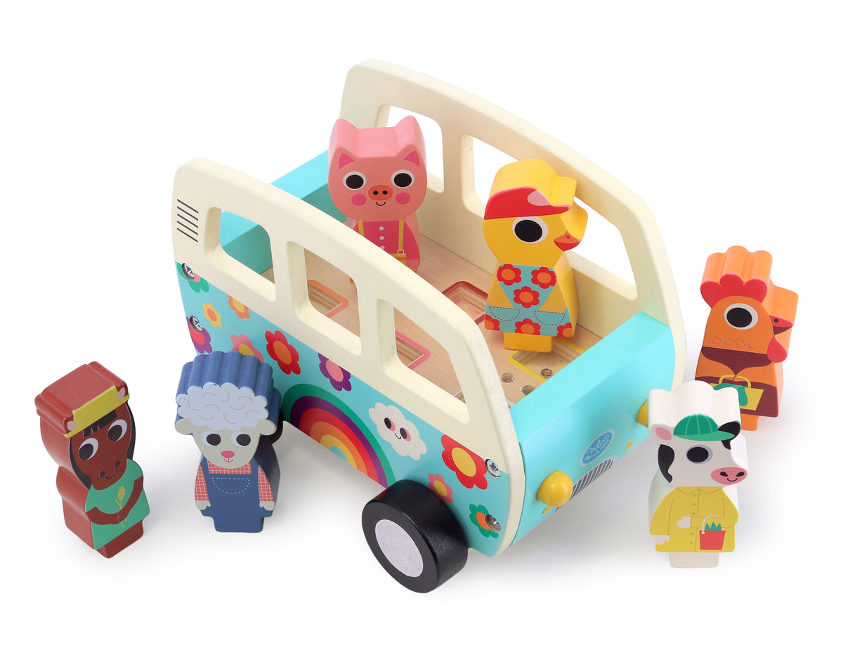 Vilac Van aus Holz von oben mit Tierfiguren und sichtbaren Steckformen