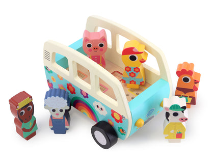 Vilac Van aus Holz von oben mit Tierfiguren und sichtbaren Steckformen