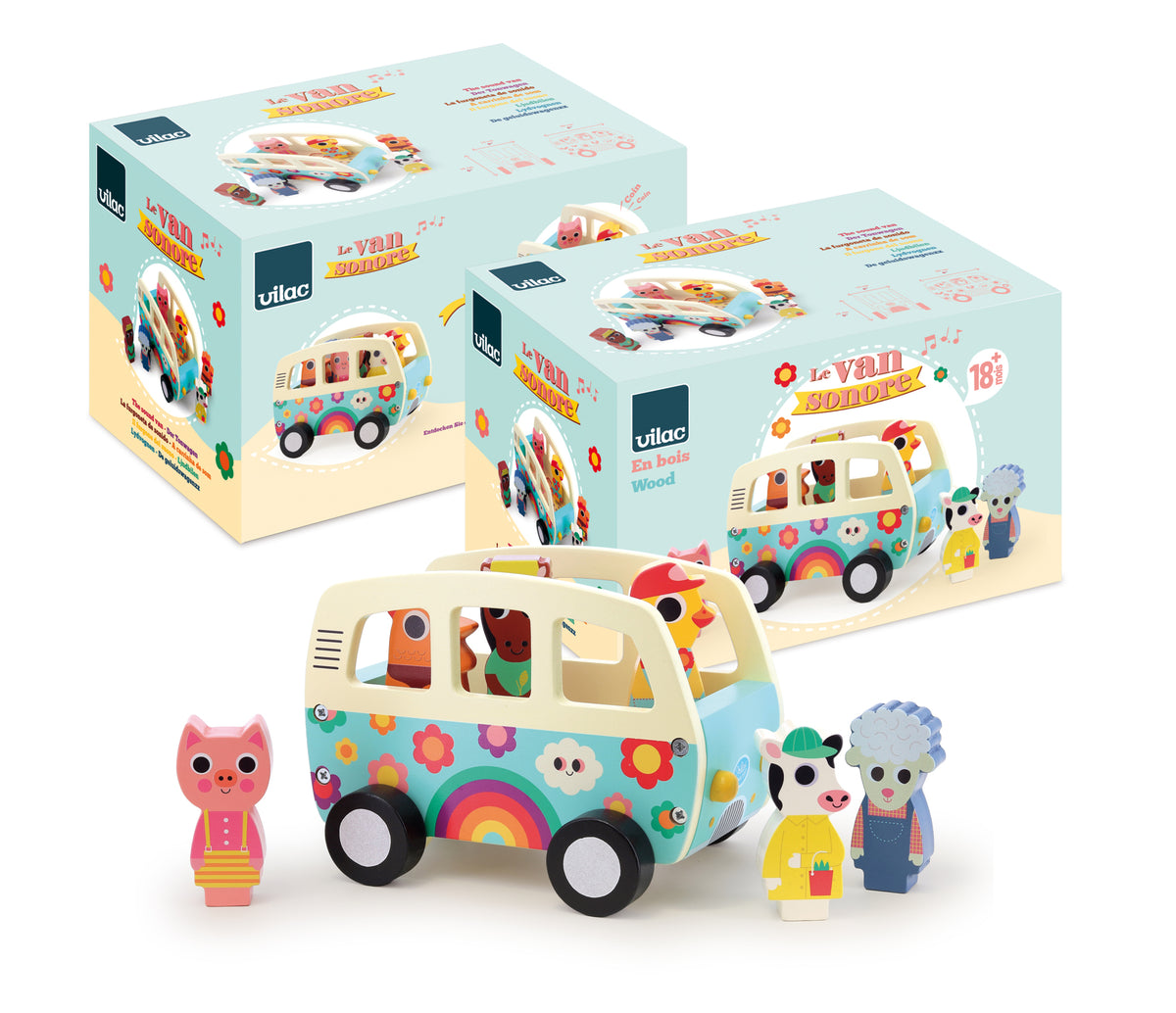 Vilac Van Holz-Steckspiel mit Tierfiguren, Verpackung und Fahrzeug