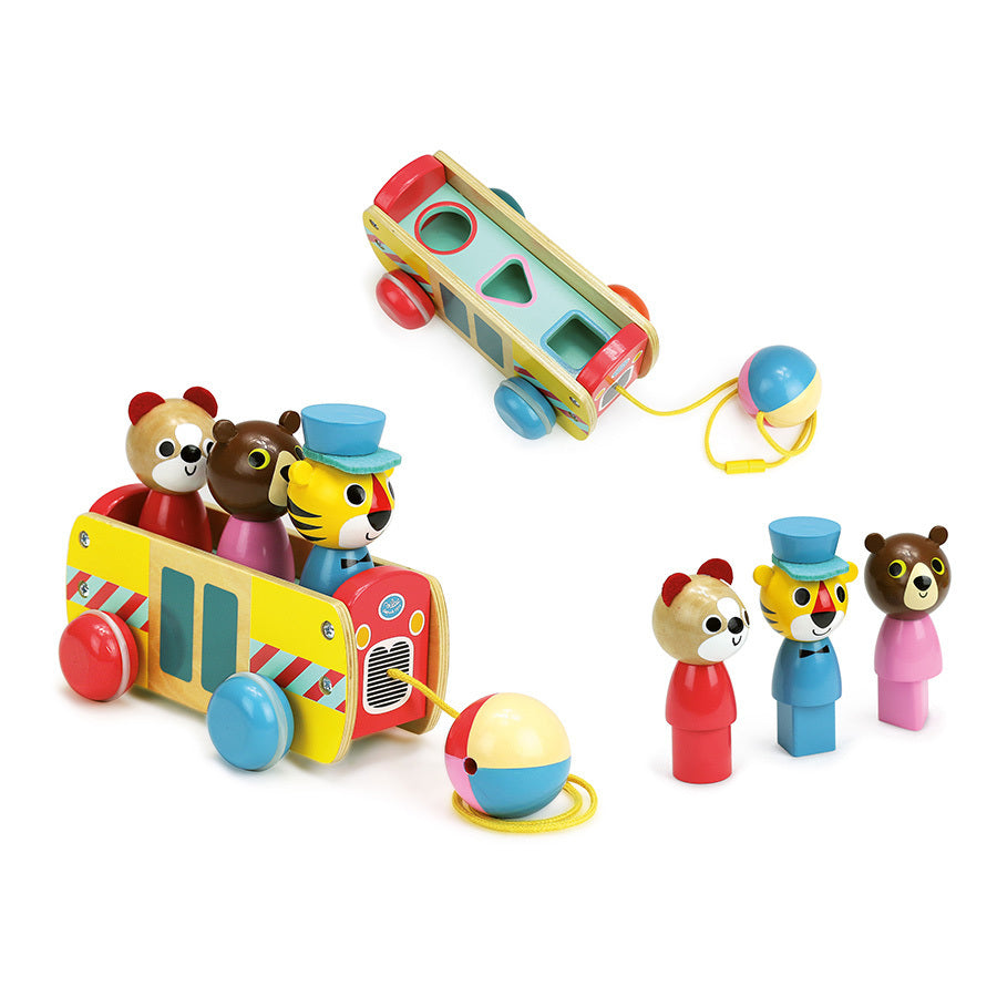 Vilac Holzbus mit drei Tierfiguren und Ziehteil, Ansicht von oben
