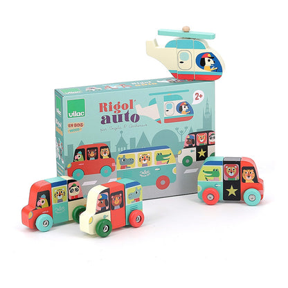 Vilac Magnetische Holzautos mit Verpackung und bunten Fahrzeugen aus Holz
