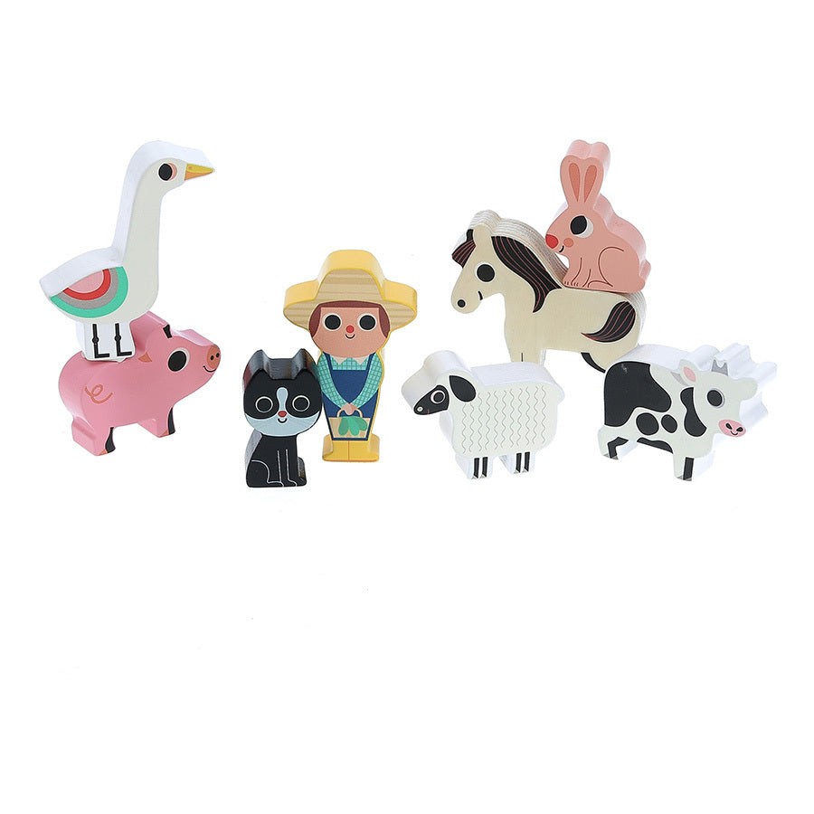Holzfiguren von Farmer und Tieren des Vilac My Nice Farm Formen-Steckspiels