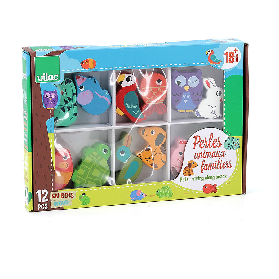 Verpackung des Vilac Pets Fädelspiel aus Holz mit bunten Tierfiguren zum Auffädeln