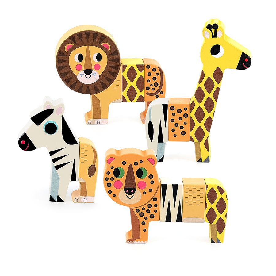 Magnetische Holzteile des Vilac Savannentiere Lernspiels zu einer lustigen Tierfigur kombiniert