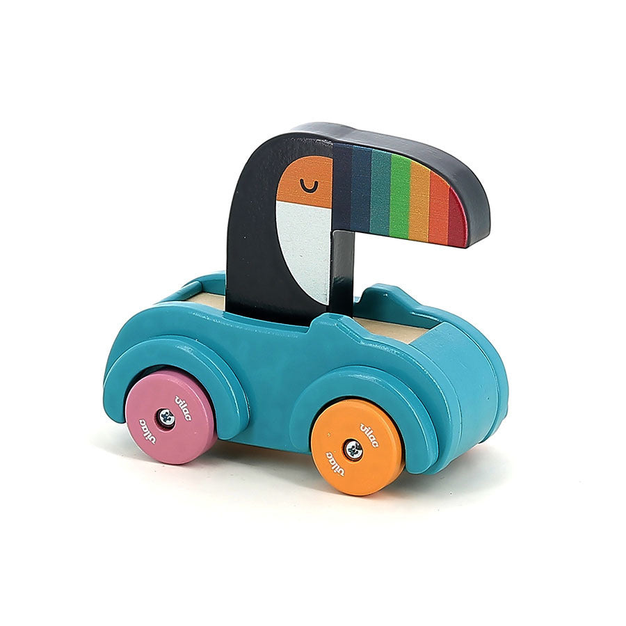 Türkises Vilac Toucan Beep Car aus Holz mit buntem Tukan am Steuer