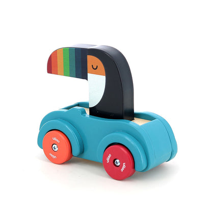 Türkises Vilac Toucan Beep Car aus Holz mit buntem Tukan am Steuer
