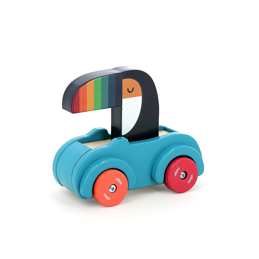 Türkises Vilac Toucan Beep Car aus Holz mit buntem Tukan am Steuer
