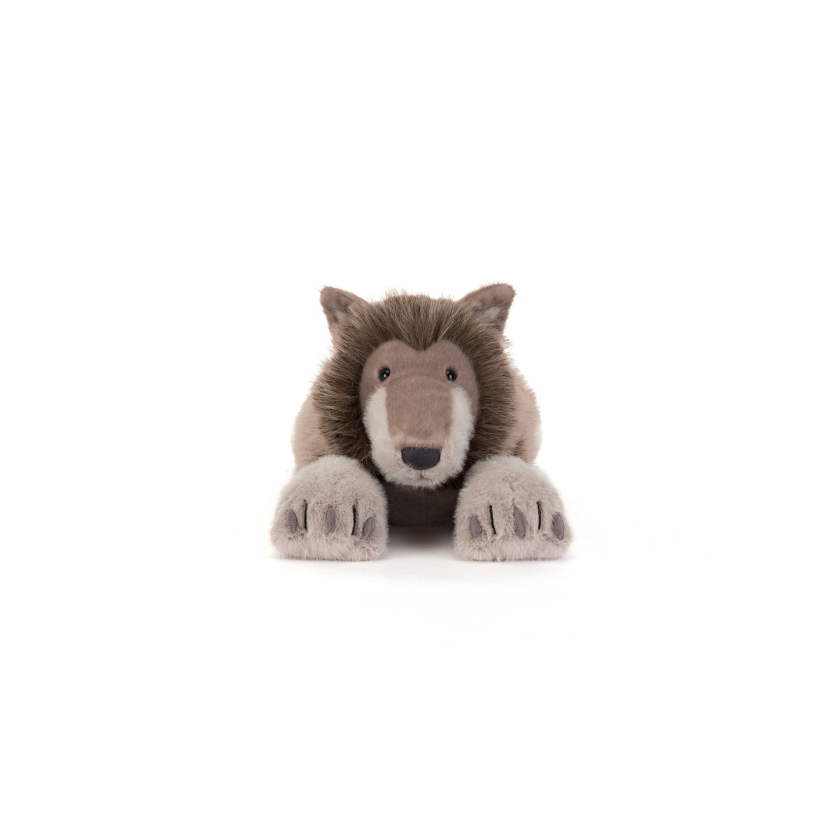 Jellycat Ulrich Wolf, flauschiger grauer Wolf mit großen Pfoten und freundlichem Gesicht, entspannt liegend von vorne