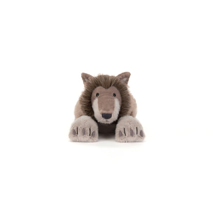 Jellycat Ulrich Wolf, flauschiger grauer Wolf mit großen Pfoten und freundlichem Gesicht, entspannt liegend von vorne