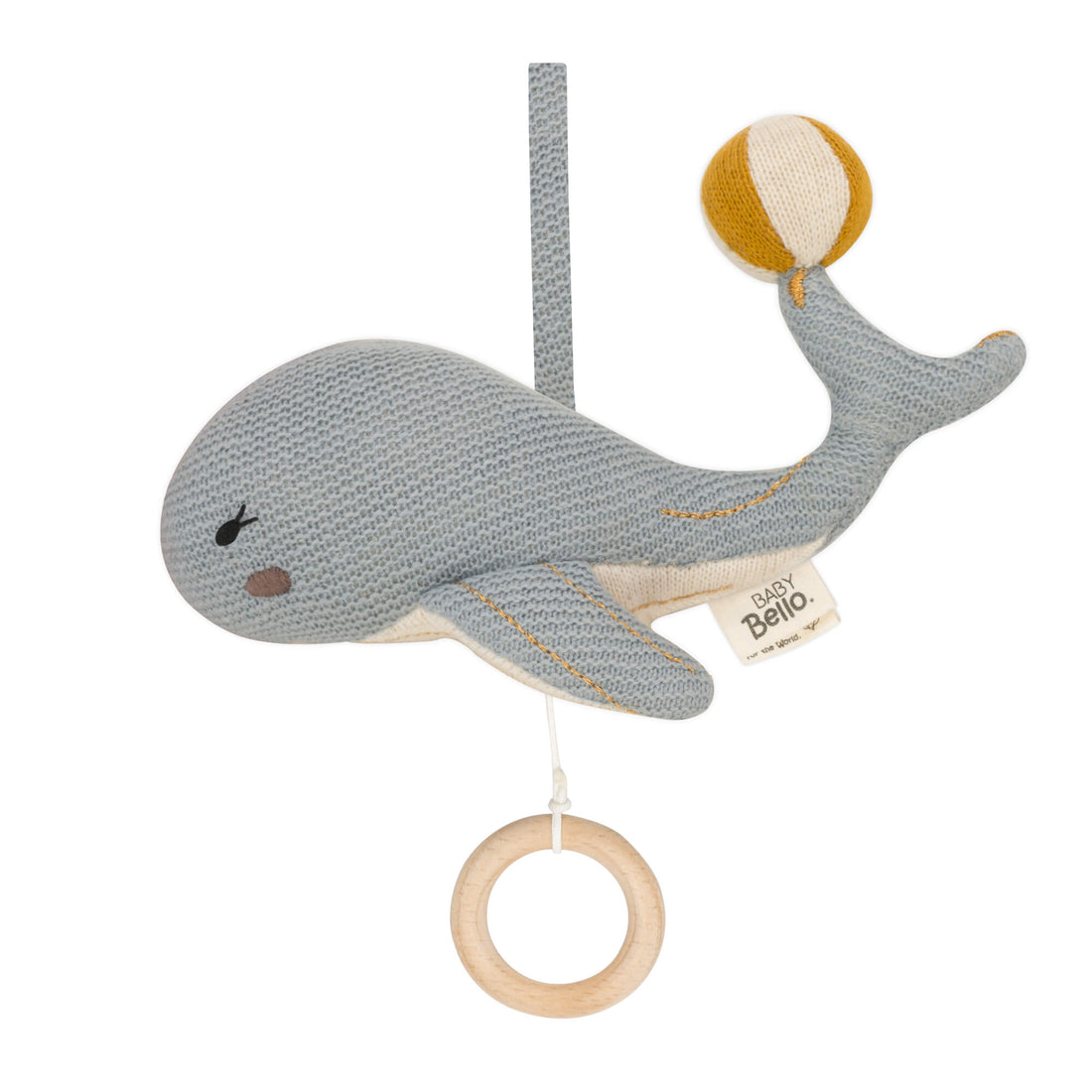 Spieluhr von Baby Bello. Wally der Wal ist in naturtönen gehalten und super weich. Seine sanfte Musik hilft Babys beim Einschlafen.