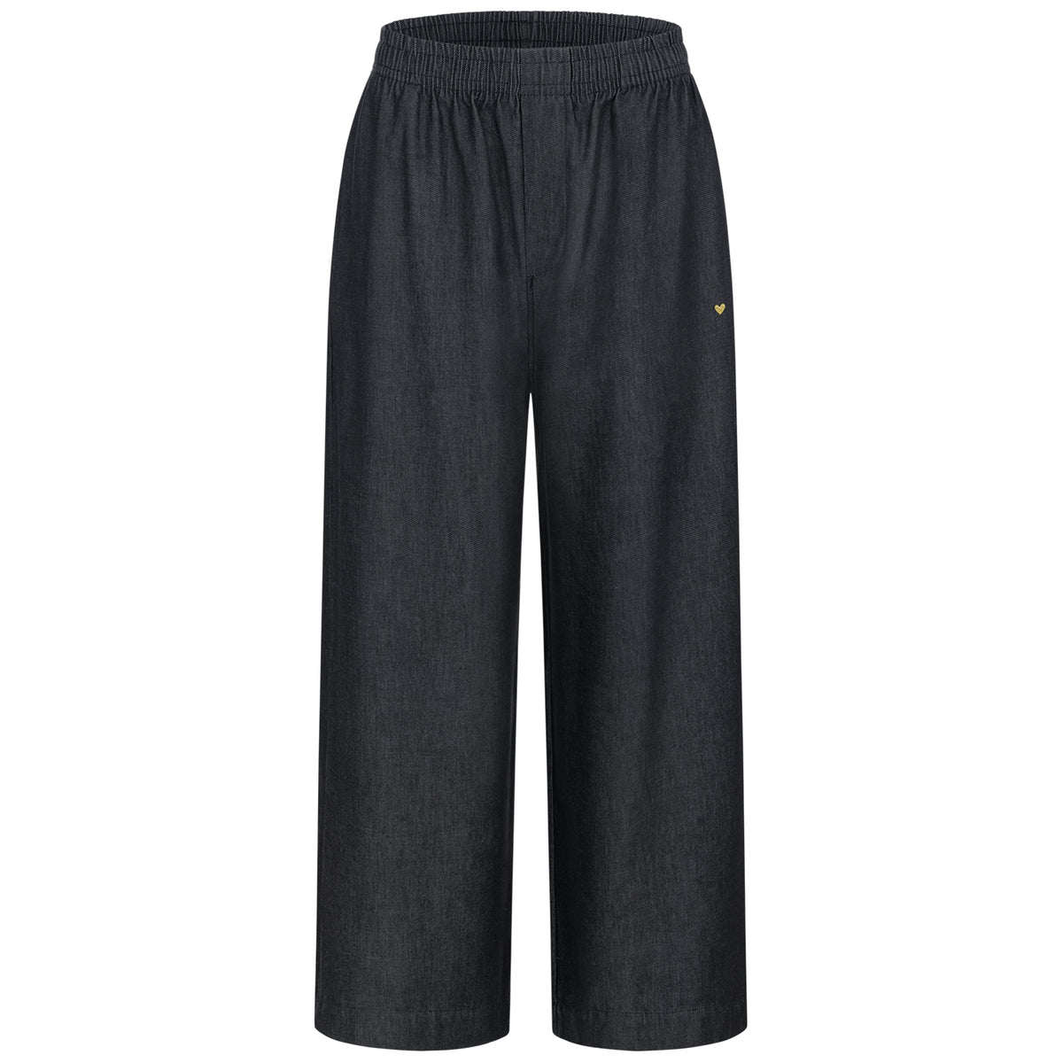 Vorderansicht: Dunkelgraue Lyocell-Hose von another brand mit elastischem Hosenbund und weitem Beinschnitt