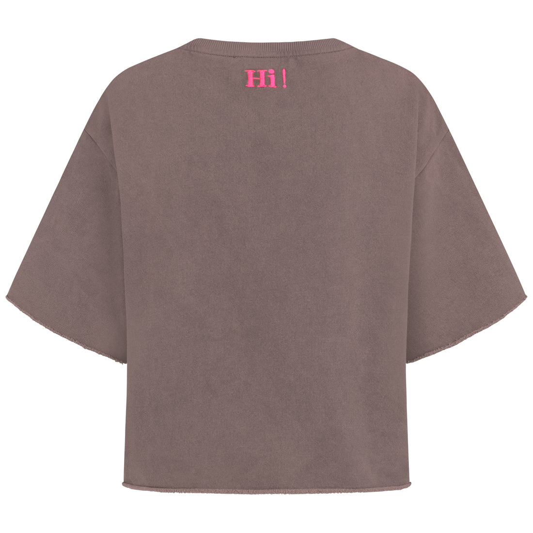 Vorderansicht: Sweatshirt in verwaschenem Braun mit pinker „Hi!“-Stickerei am Nacken und kurzen Ärmeln. Ärmel und Saum rollen sich leicht ein.