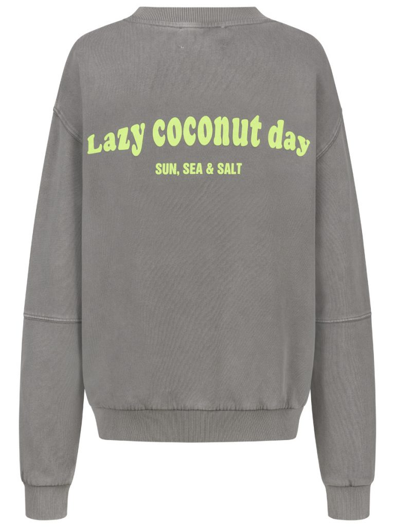Graugrünes Sweatshirt Lazy Coconut mit Herzstickerei vorne und Print auf dem Rücken, relaxed Fit
